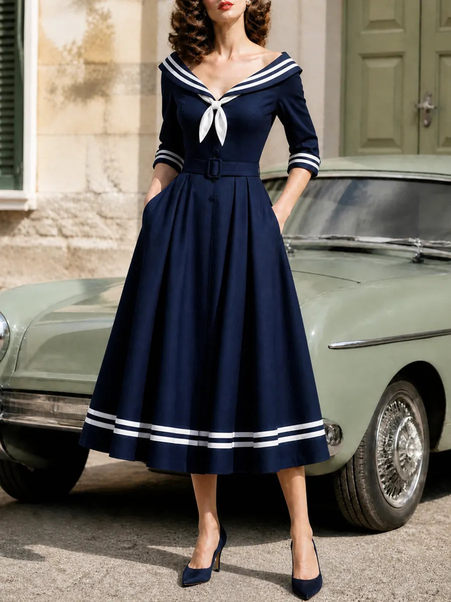 Retro 1950s Nautical Sailor A -Line Swing Midi Dress