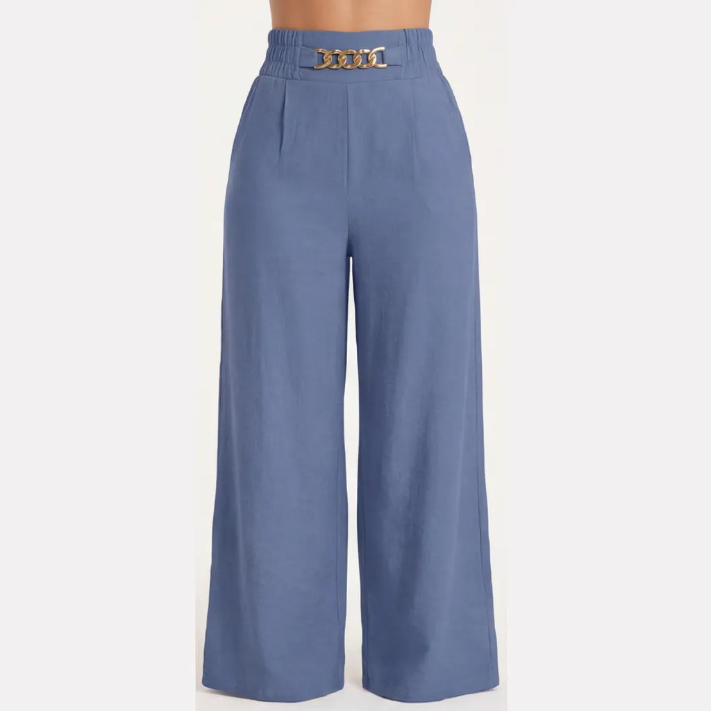 Elegant Linen Wide Leg Trousers, High Waist with Statement Chain Detail