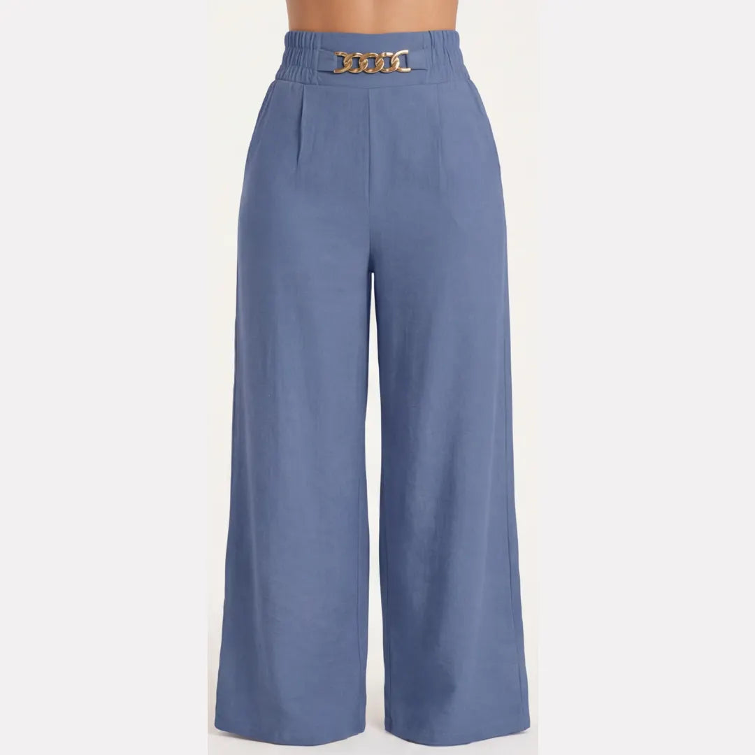 Elegant Linen Wide Leg Trousers, High Waist with Statement Chain Detail