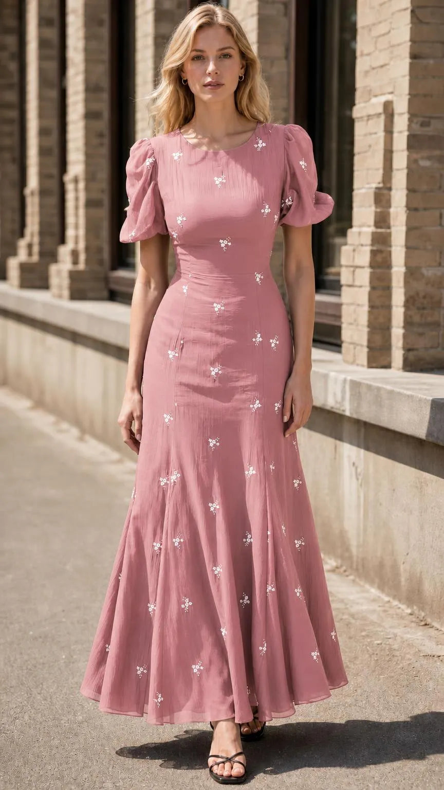 Women's Floral Embroidered Puff Sleeve A-Line Maxi Dress
