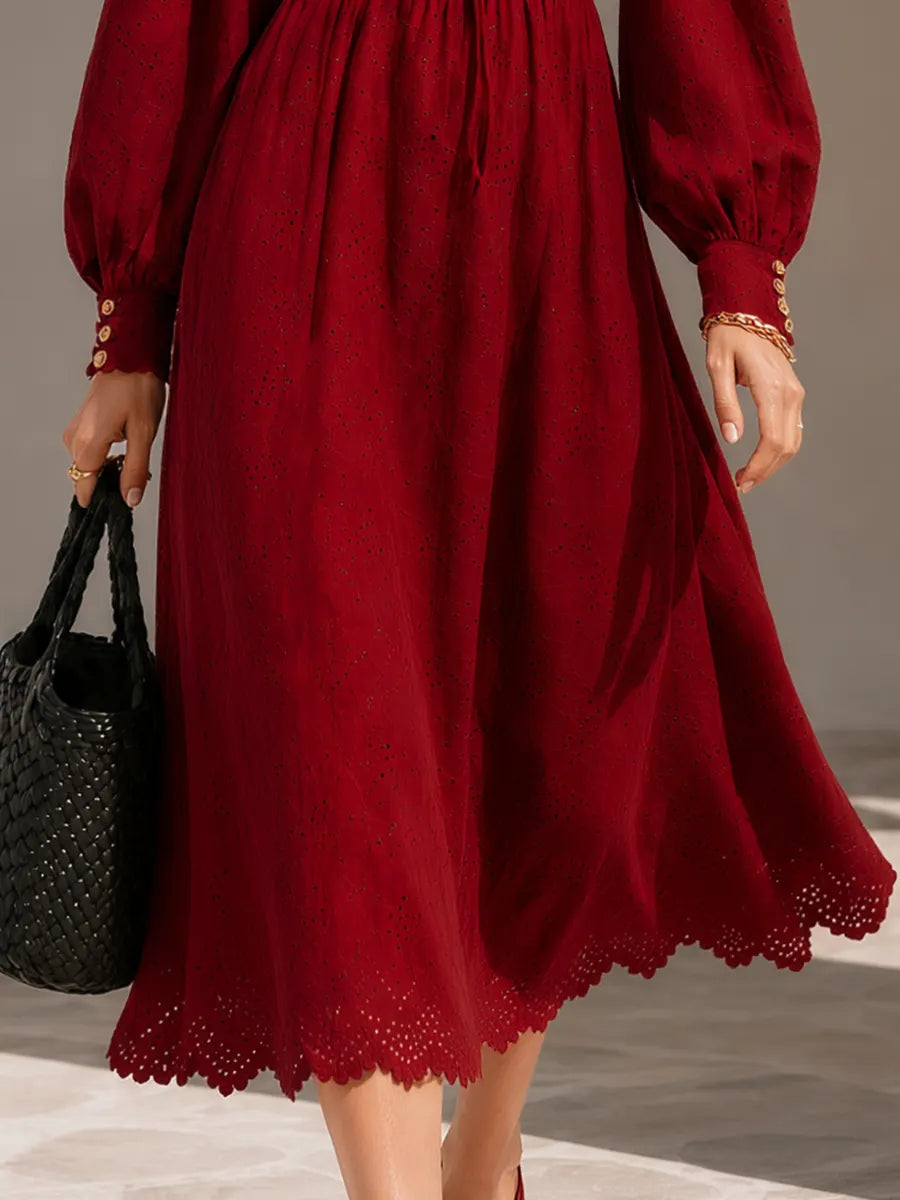 Romantic Wine Red Eyelet Embroidery Lace Up Tie Neck Long Balloon Sleeve Button Cuff Smocked Waist Scalloped Hem Flowy Cotton Midi Dress