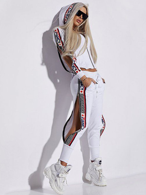 Letter Print Split-Side Zipper Long Sleeves Hooded Jackets+Pants Two Pieces Set