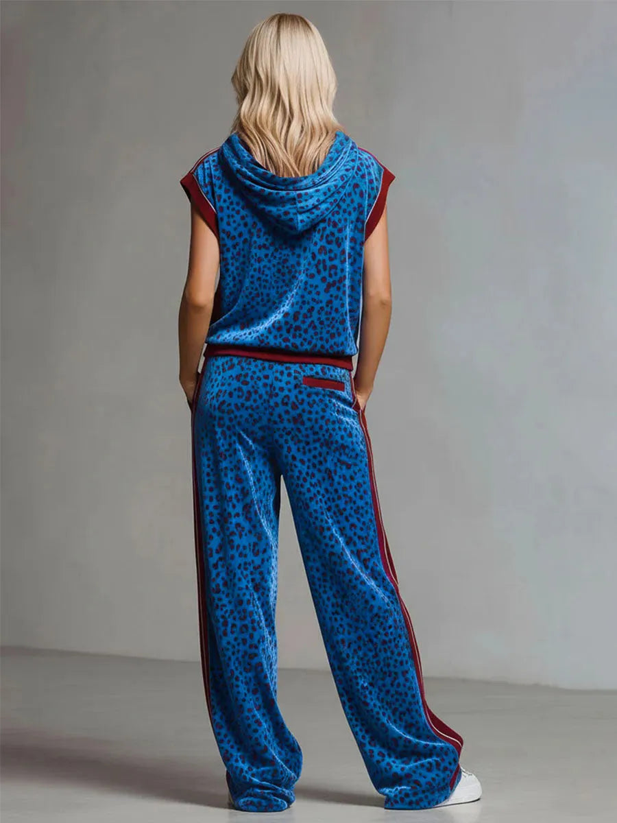 Leopard Print Hooded Sleeveless Top And Velvet Trousers Set
