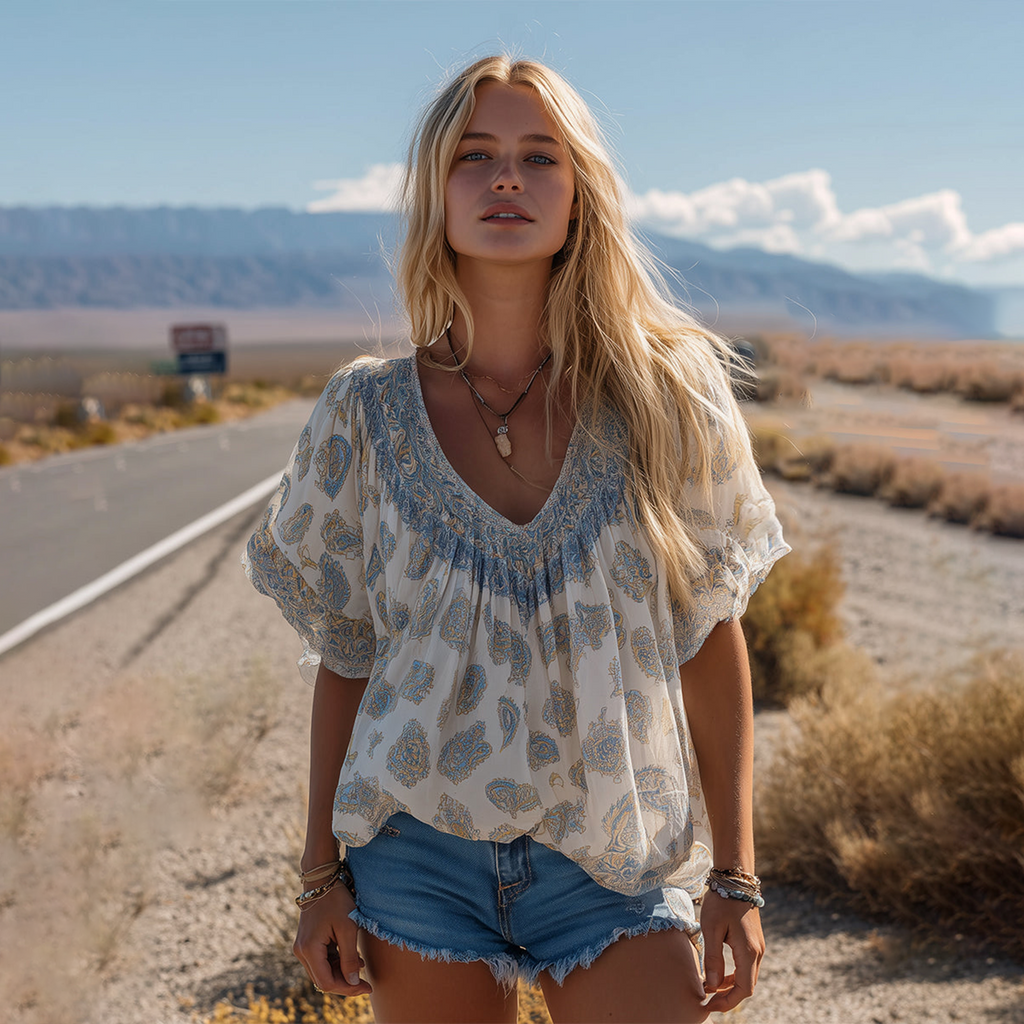 Retro White Paisley Print Chiffon V-neck T-shirt