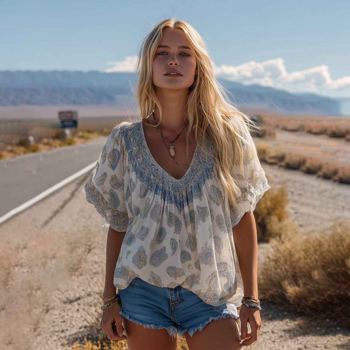 Retro White Paisley Print Chiffon V-neck T-shirt