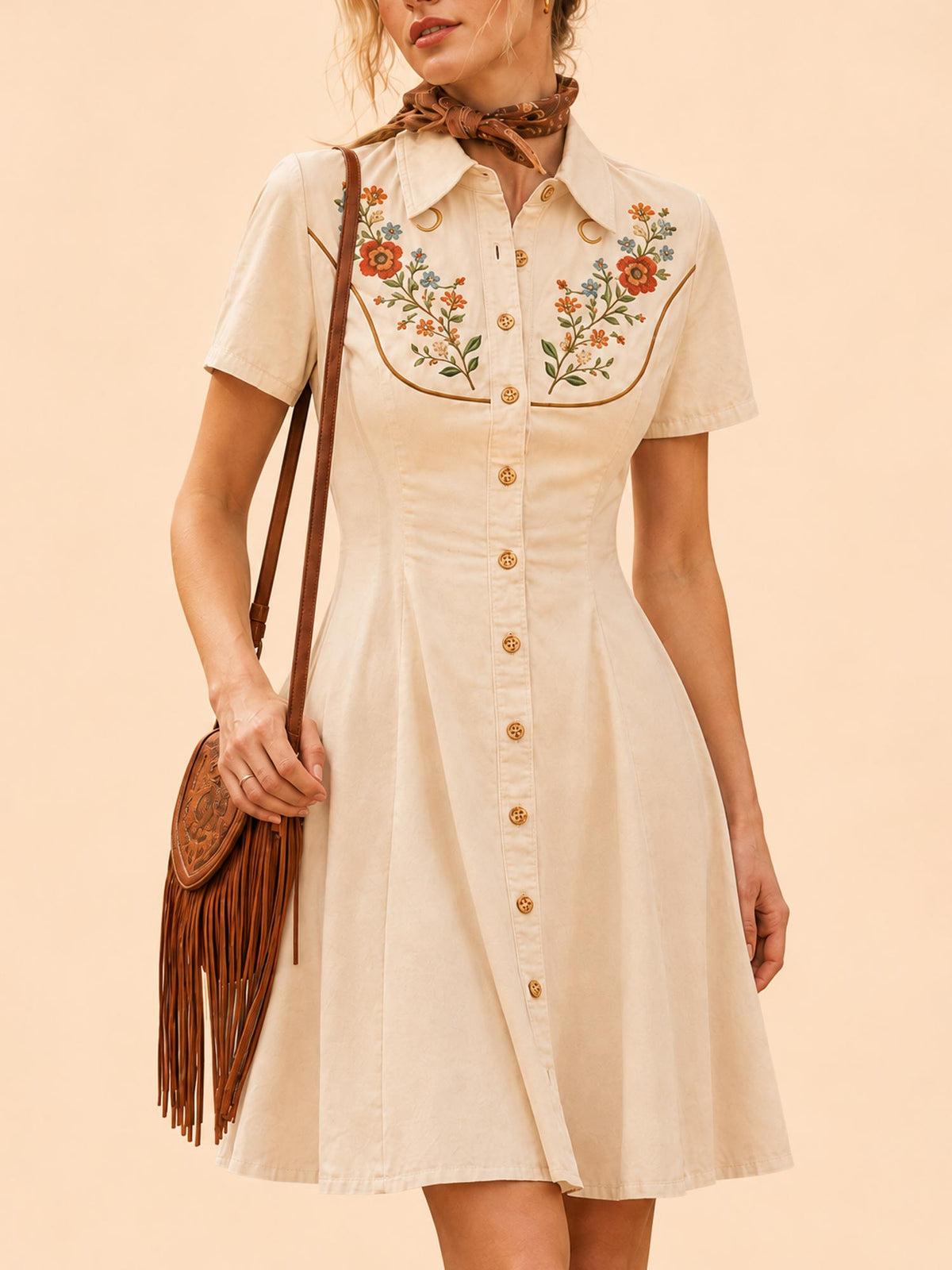 [Embroidery]Perfect for Coachella Music Festival Dress — 2026 SS Khaki Vintage Floral Embroidery Cotton Blend A-Line Mini Dress