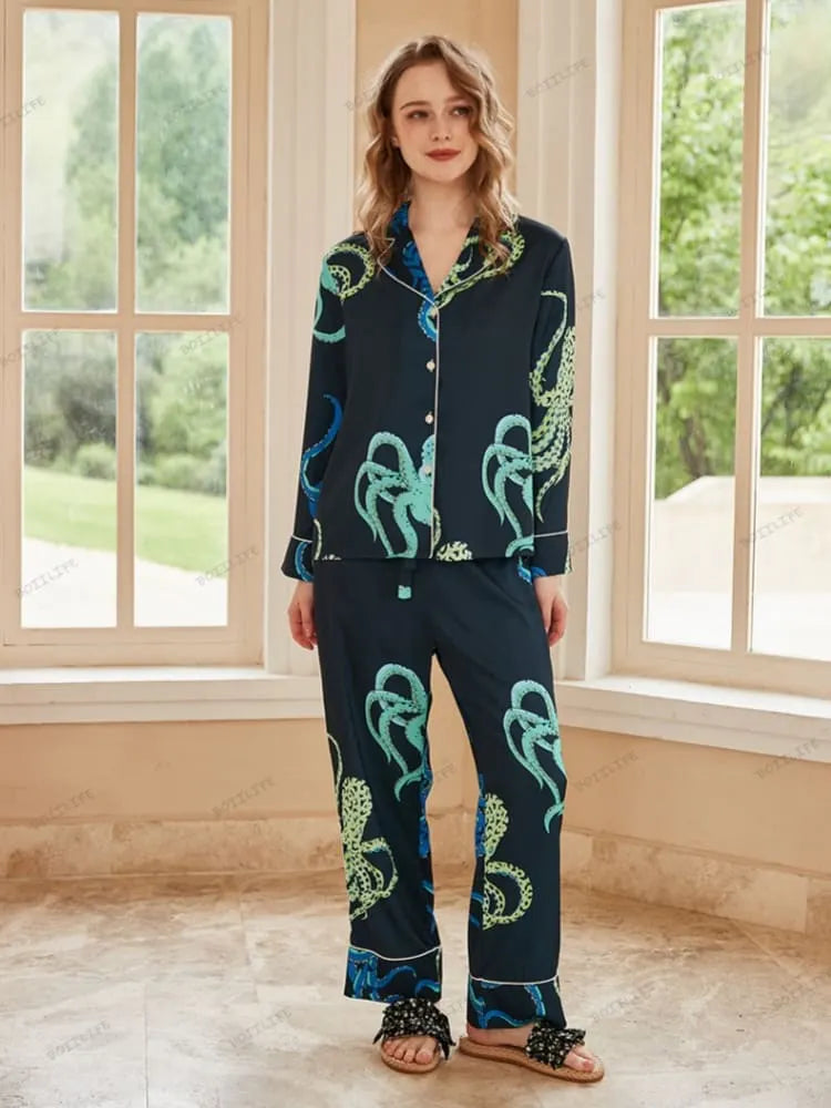 Octopus Print Ice Silk Long-Sleeve Pajama Loungewear Set