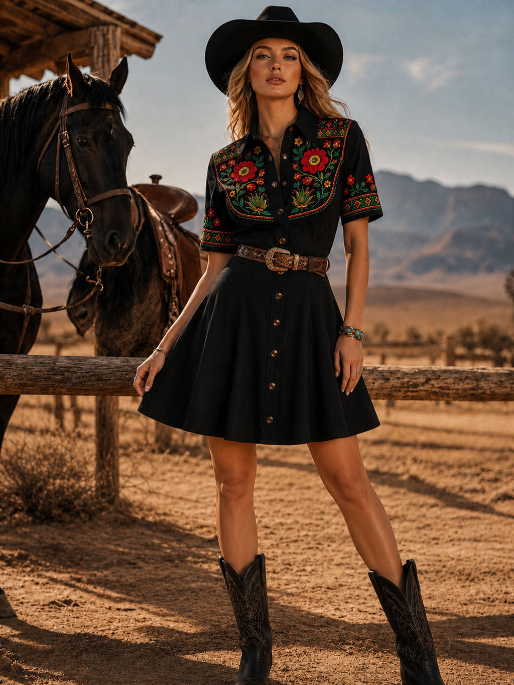 2026 S/S Dark Vintage Aesthetic — Black Heavy Floral Button-Down A-Line 100% Cotton Mini Dress