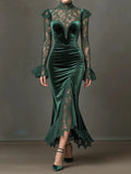 Dark Green Velvet Lace High Neck Long Sleeve Slit Mermaid Evening Gown