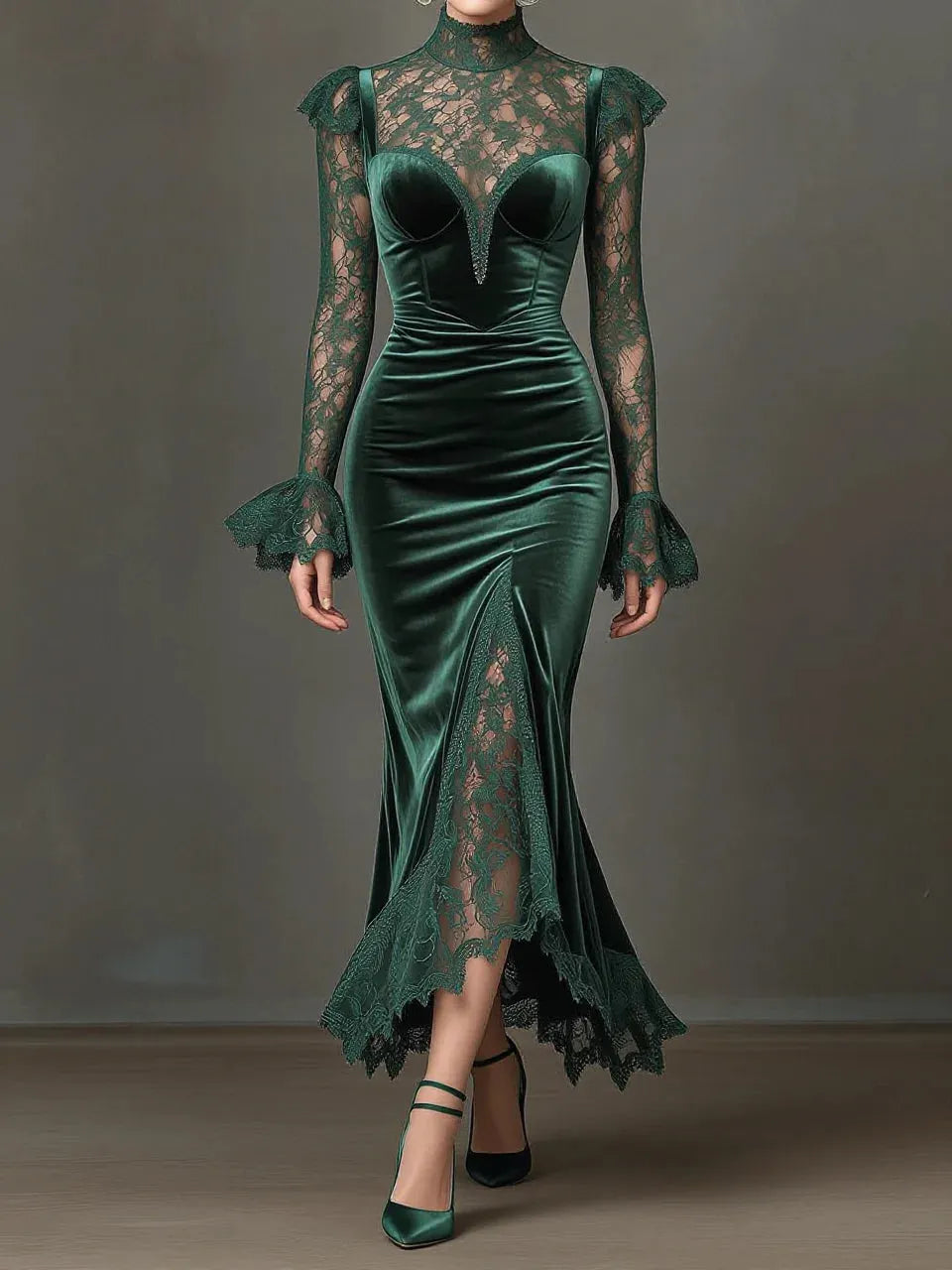Dark Green Velvet Lace High Neck Long Sleeve Slit Mermaid Evening Gown