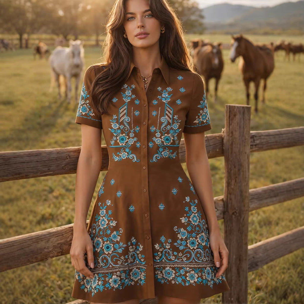 Cotton Embroidered Western Shirt Dress With Floral Pattern And Button-Down Design