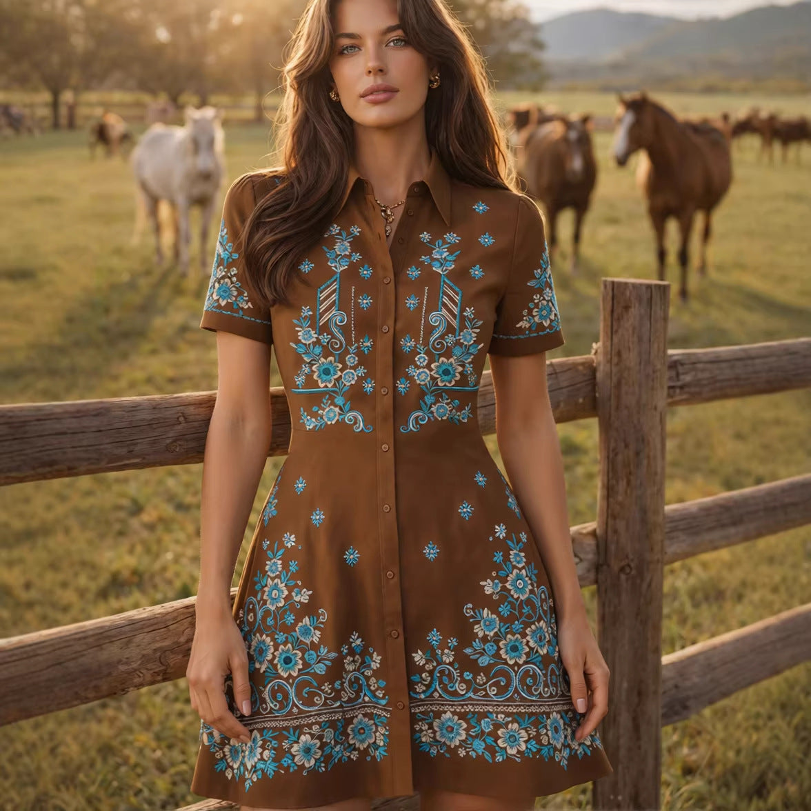 Cotton Embroidered Western Shirt Dress With Floral Pattern And Button-Down Design