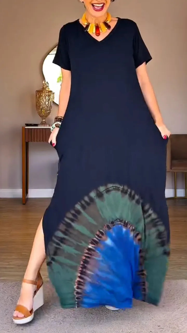 Tie‐Dye V‐Neck Maxi Dress