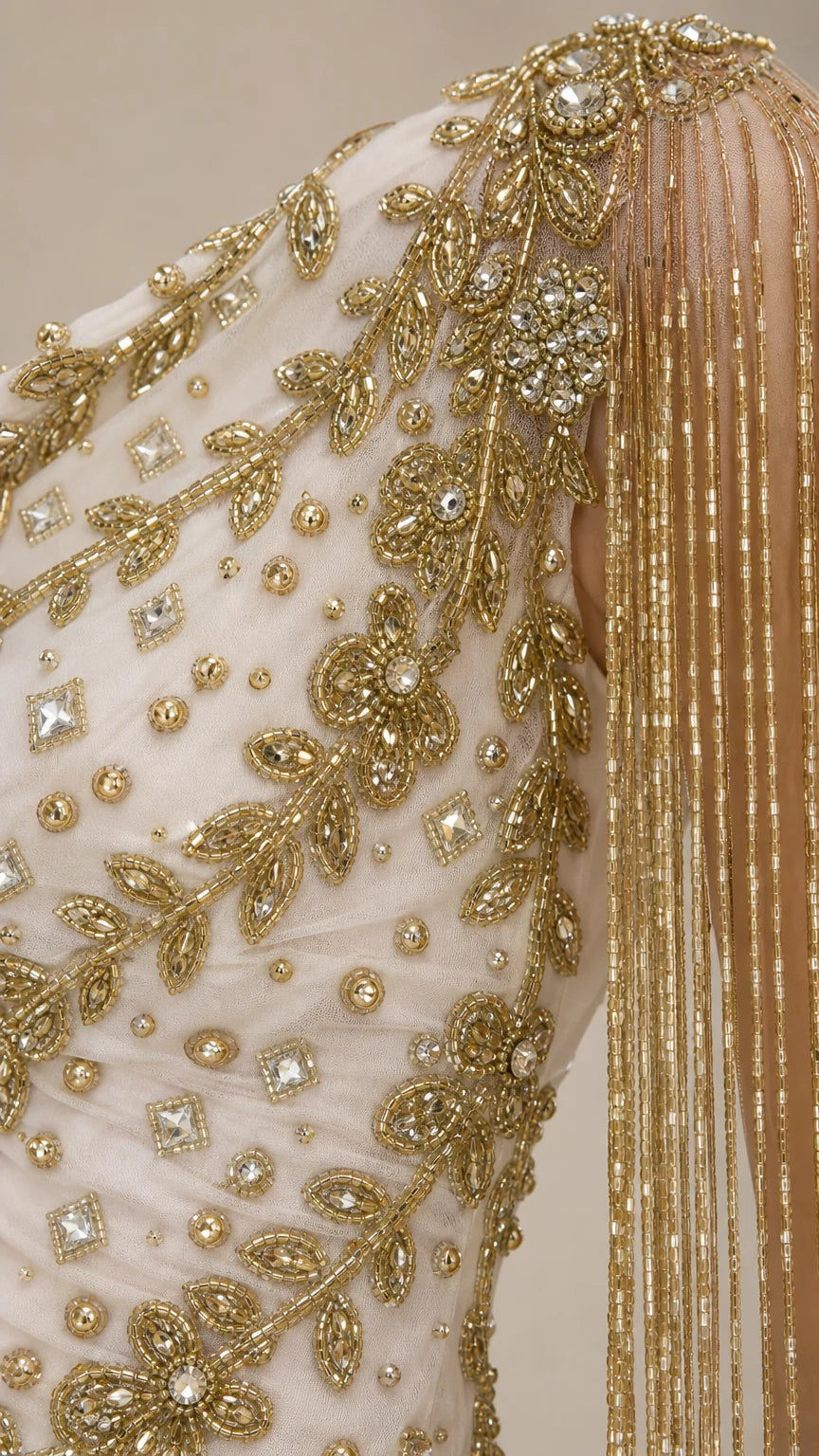 One-Shoulder Beaded Fringe Evening Gown