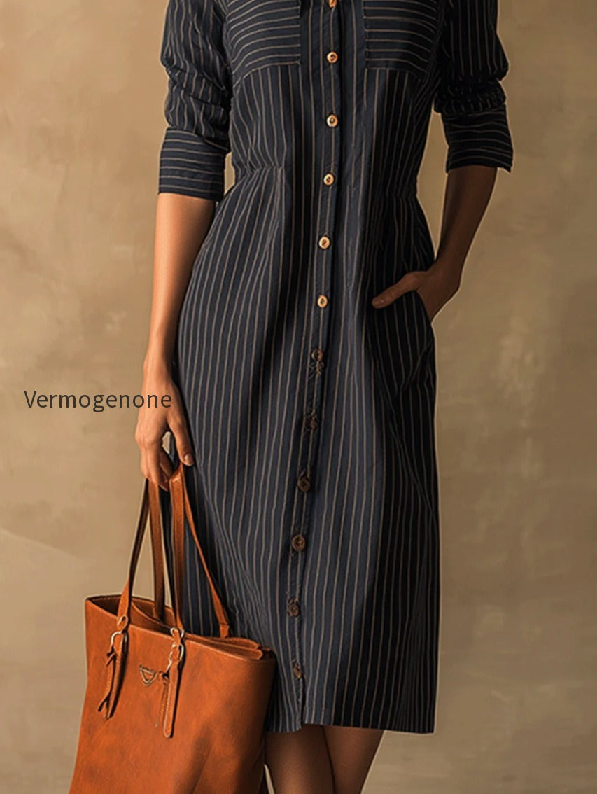 classic-lapel-button-fit-striped-midi-dress