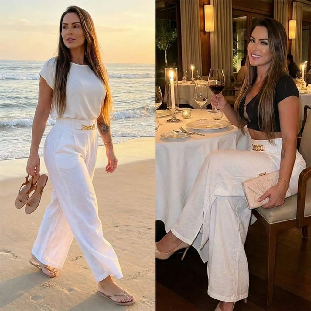 Elegant Linen Wide Leg Trousers, High Waist with Statement Chain Detail