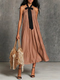 Black Bow Halter Neck Pleated Loose Brown Midi Dress