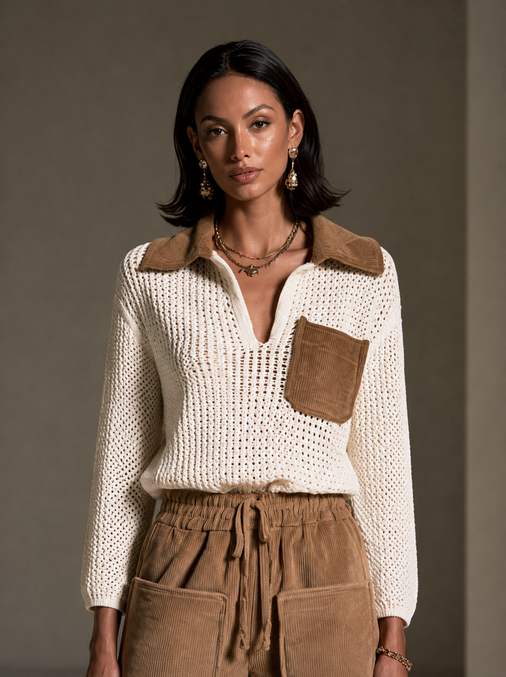 Women's Crochet Panel Casual Collared Top MDZ0119I8GMJ