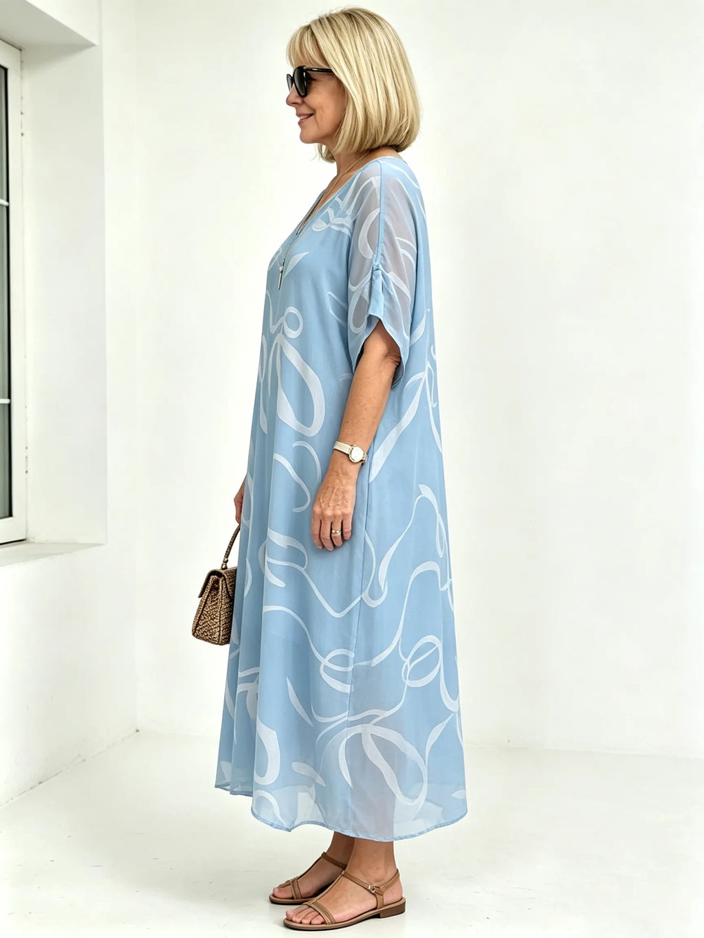 Black Abstract Print Chiffon Midi Dress, V-Neck Short Sleeve Loose Tummy Concealing Back Tie Vacation Dress for Mature Women