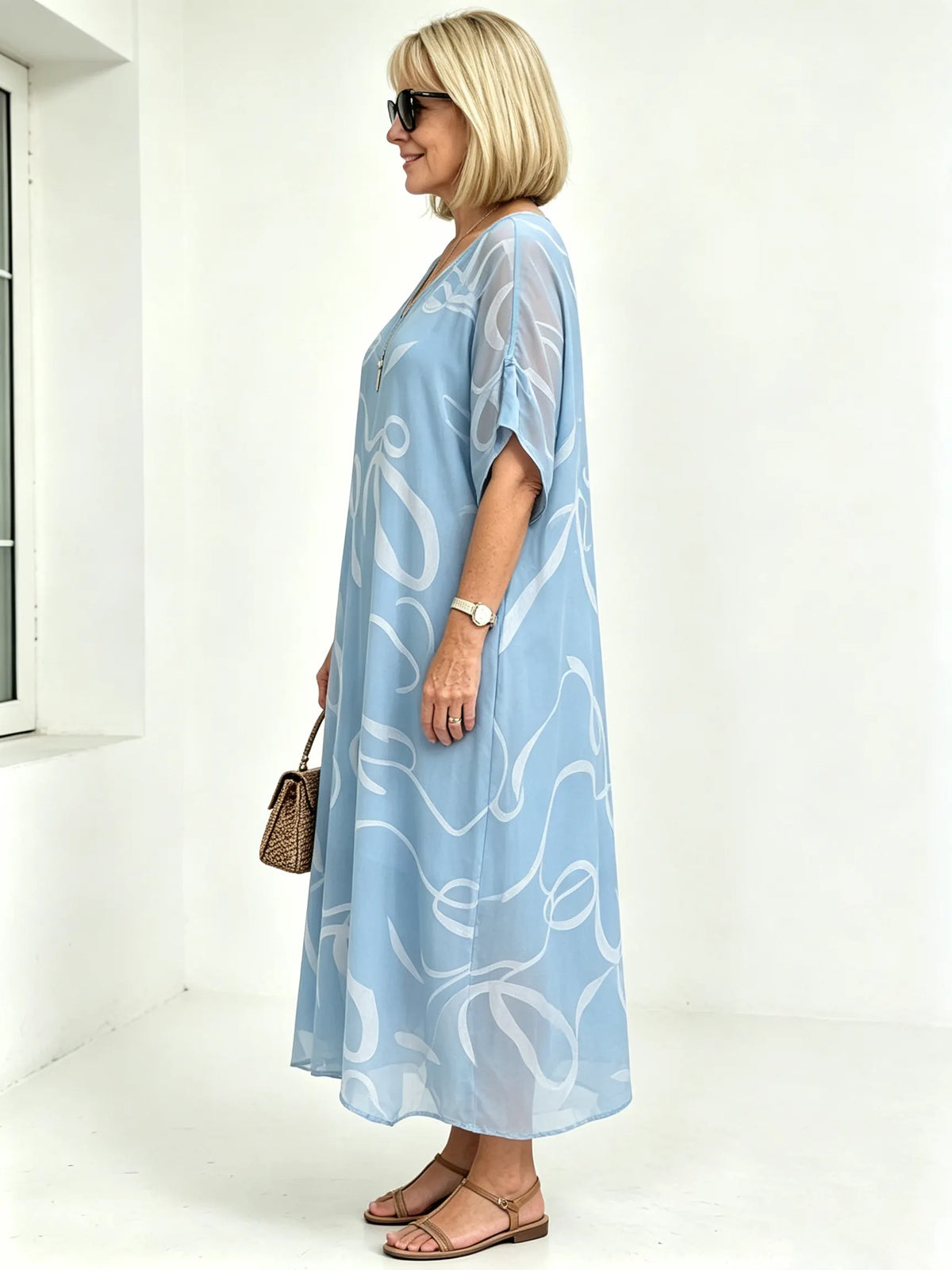 Black Abstract Print Chiffon Midi Dress, V-Neck Short Sleeve Loose Tummy Concealing Back Tie Vacation Dress for Mature Women