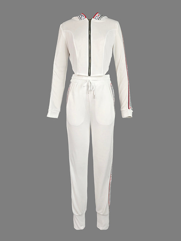 Letter Print Split-Side Zipper Long Sleeves Hooded Jackets+Pants Two Pieces Set
