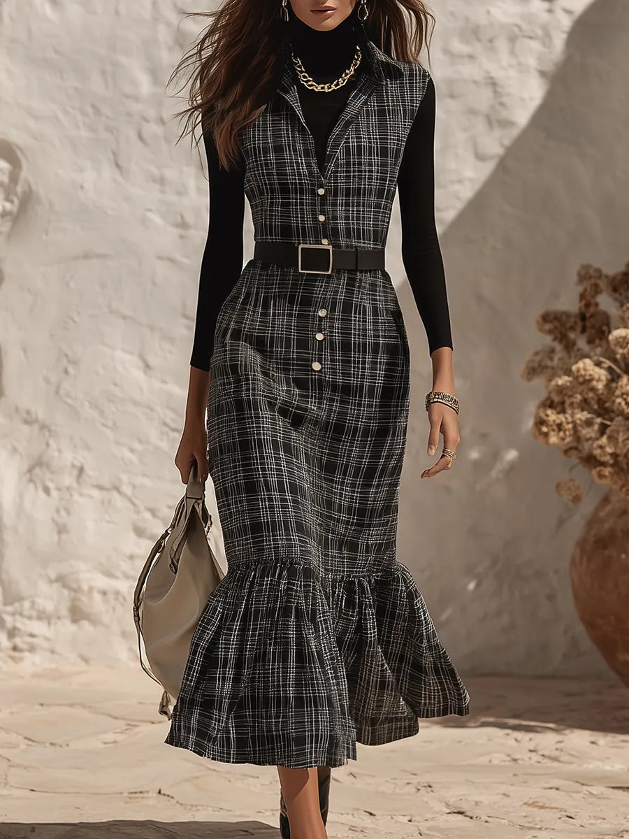 Vacation-style Sleeveless Collared Plaid Midi Dress