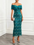 Cyan Tassel Cross Sequin Off The Shoulder Short Sleeve Sheath Midi Dress