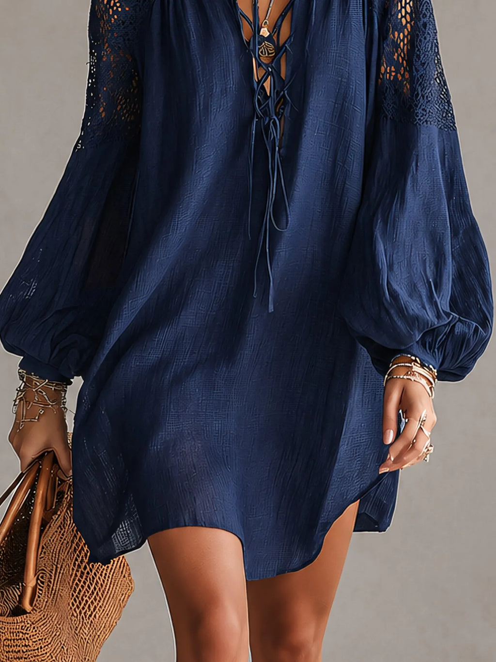 Navy Cutout Crochet Shoulder Mini Dress