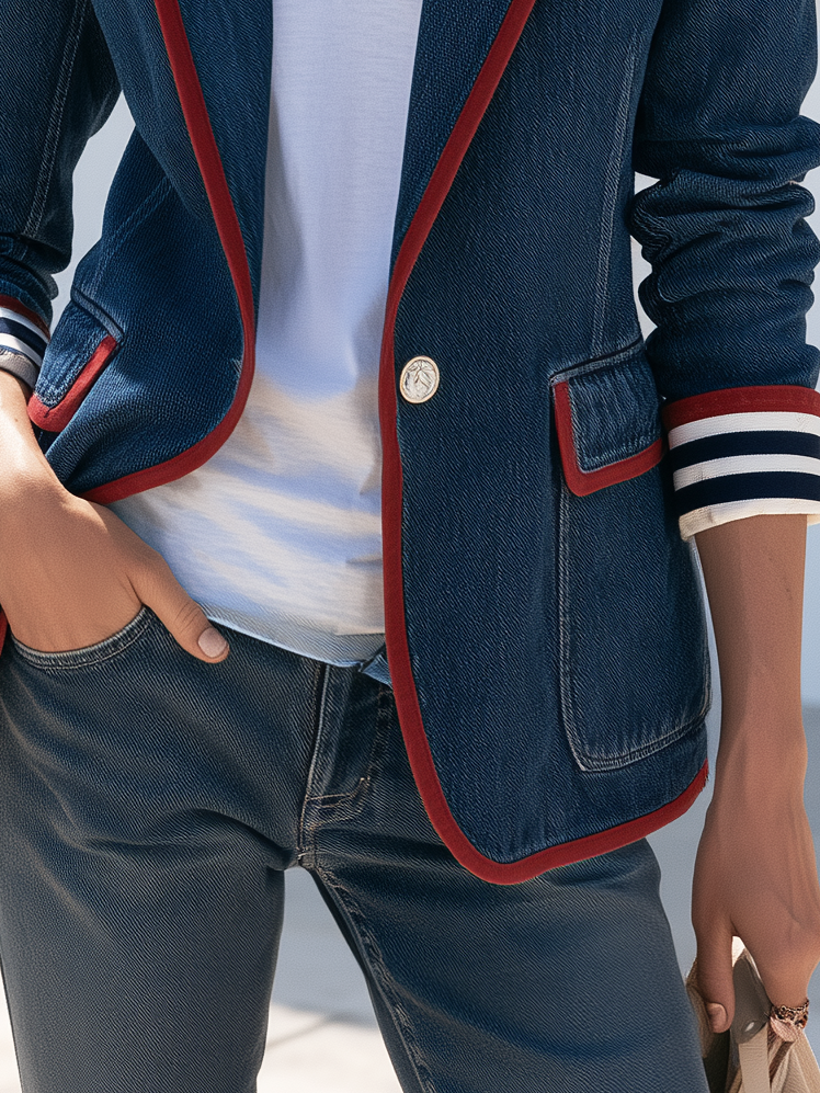 Retro Casual Color-blocked Trim Washed Distressed Denim Blazer