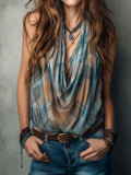 Boho Plaid Print Chiffon Draped Halter Sleeveless Blouse