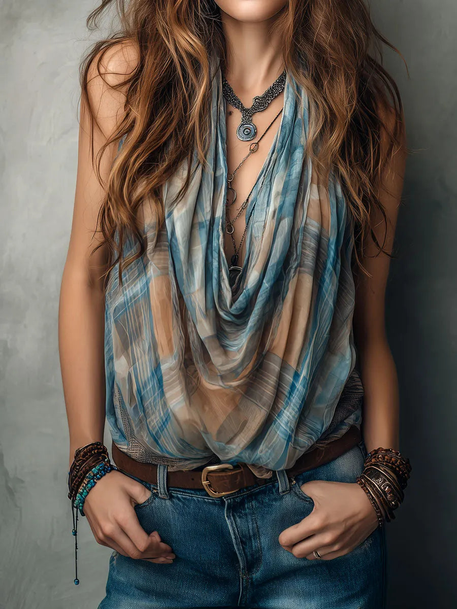 Boho Plaid Print Chiffon Draped Halter Sleeveless Blouse