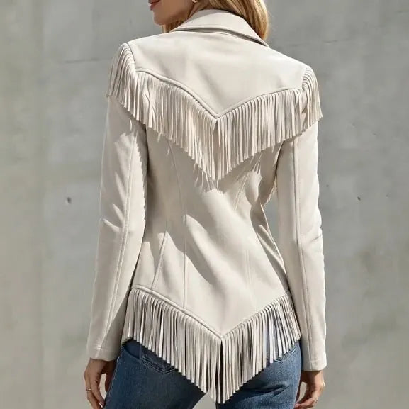 Fitted Faux‐suede Fringe Western Jacket