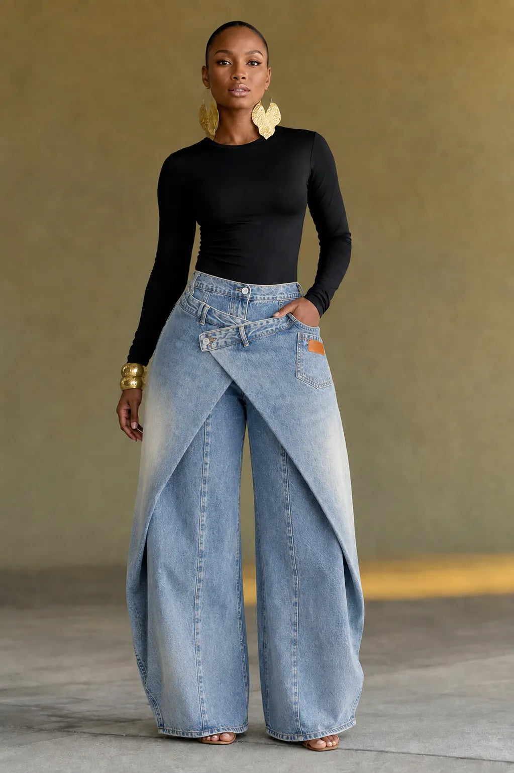 Wrap Skirt‐Effect Wide Leg Denim Pants