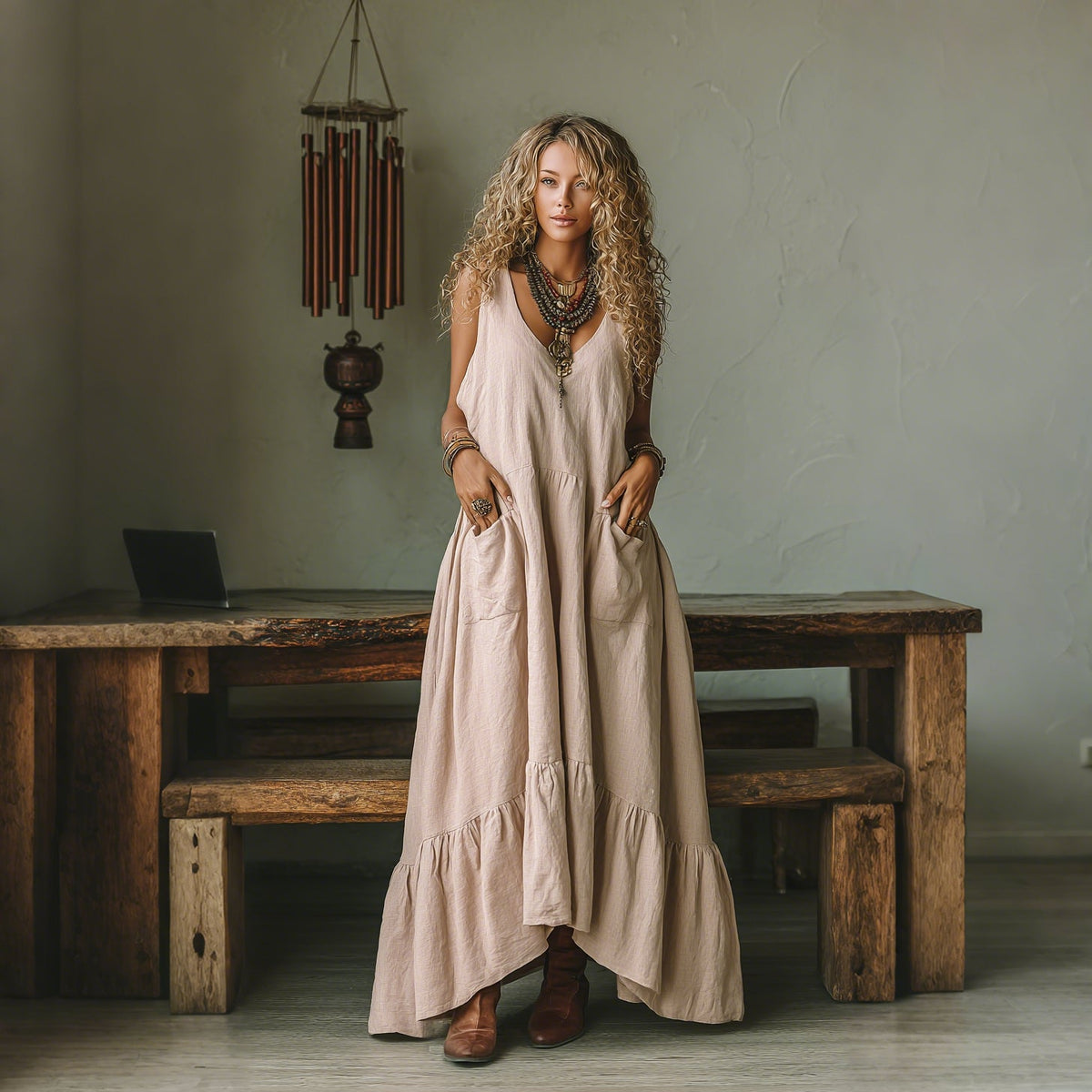 Elegant V-neck Linen Oversized Comfortable And Breathable Vest Dress