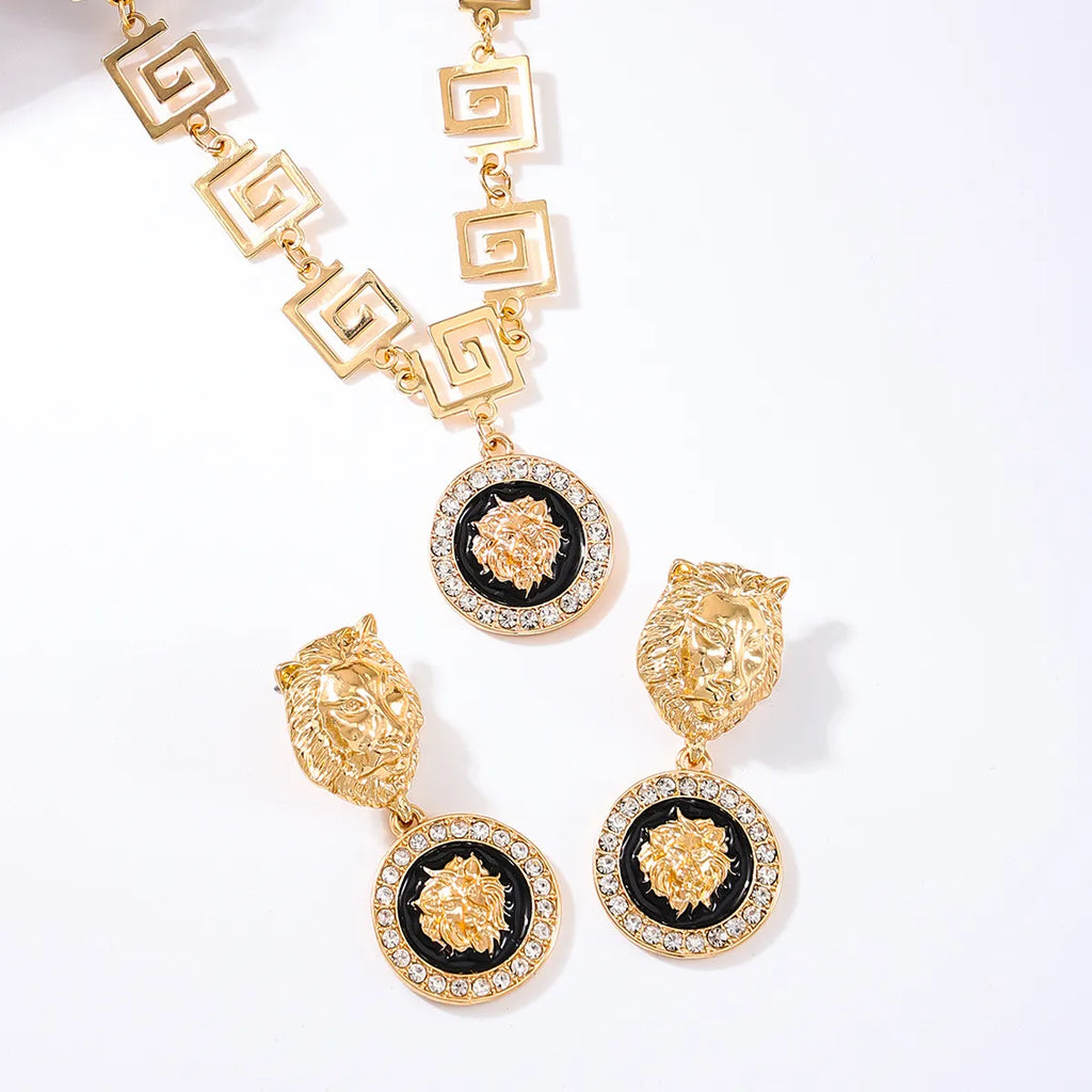 Valentine's Day Vintage Lion Head Necklace Earring Set