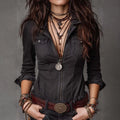 Denim Zip-Up Shirt For Women With Deep V-Neck And Pockets, Casual Fashion Top In Black