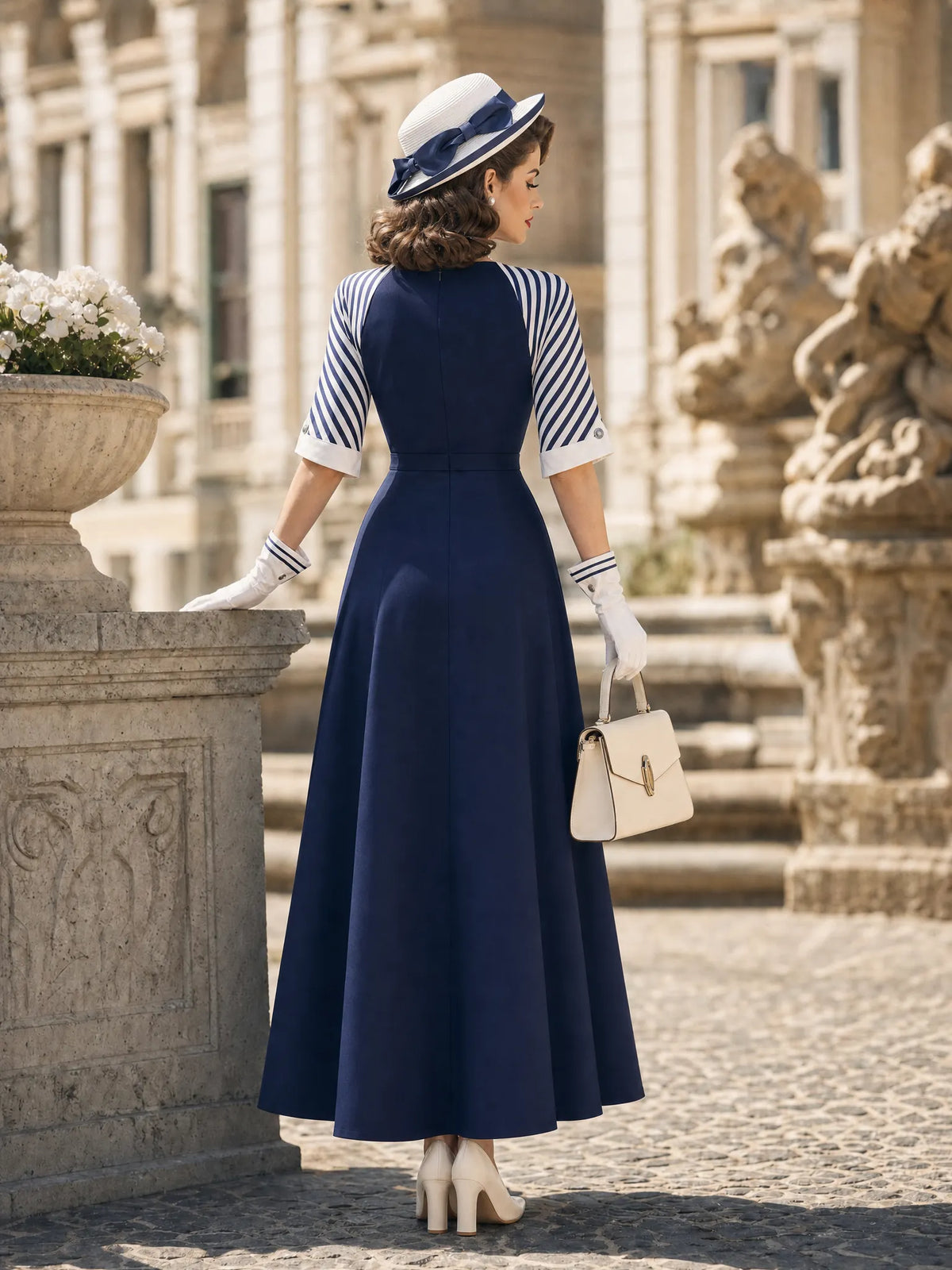 Vintage  Square Neck Belted Full Skirt Fake Two‑Piece Maxi Dress