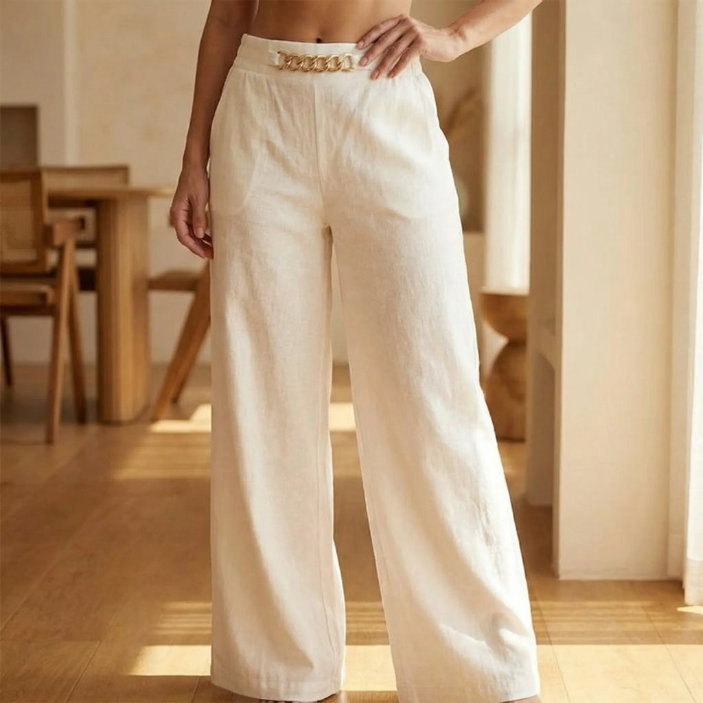 Elegant Linen Wide Leg Trousers, High Waist with Statement Chain Detail
