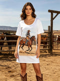 Women's Western Cowboy Print T-Shirt Dress Loose Fit Casual Summer Dress With Horse Riding Graphic