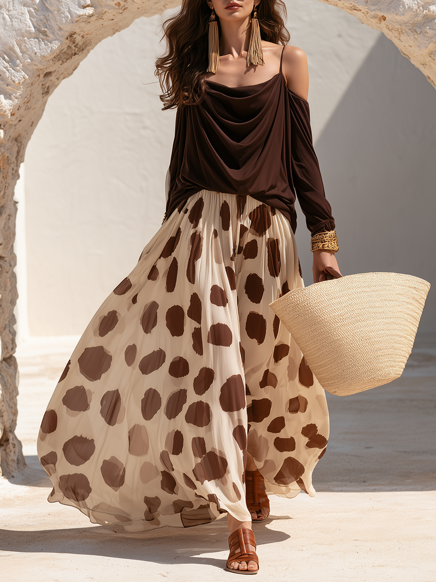 Beach Vacation Cowl-Neck Long-Sleeve Top And Unique Polka-Dot Chiffon Wide-Leg Pants Set