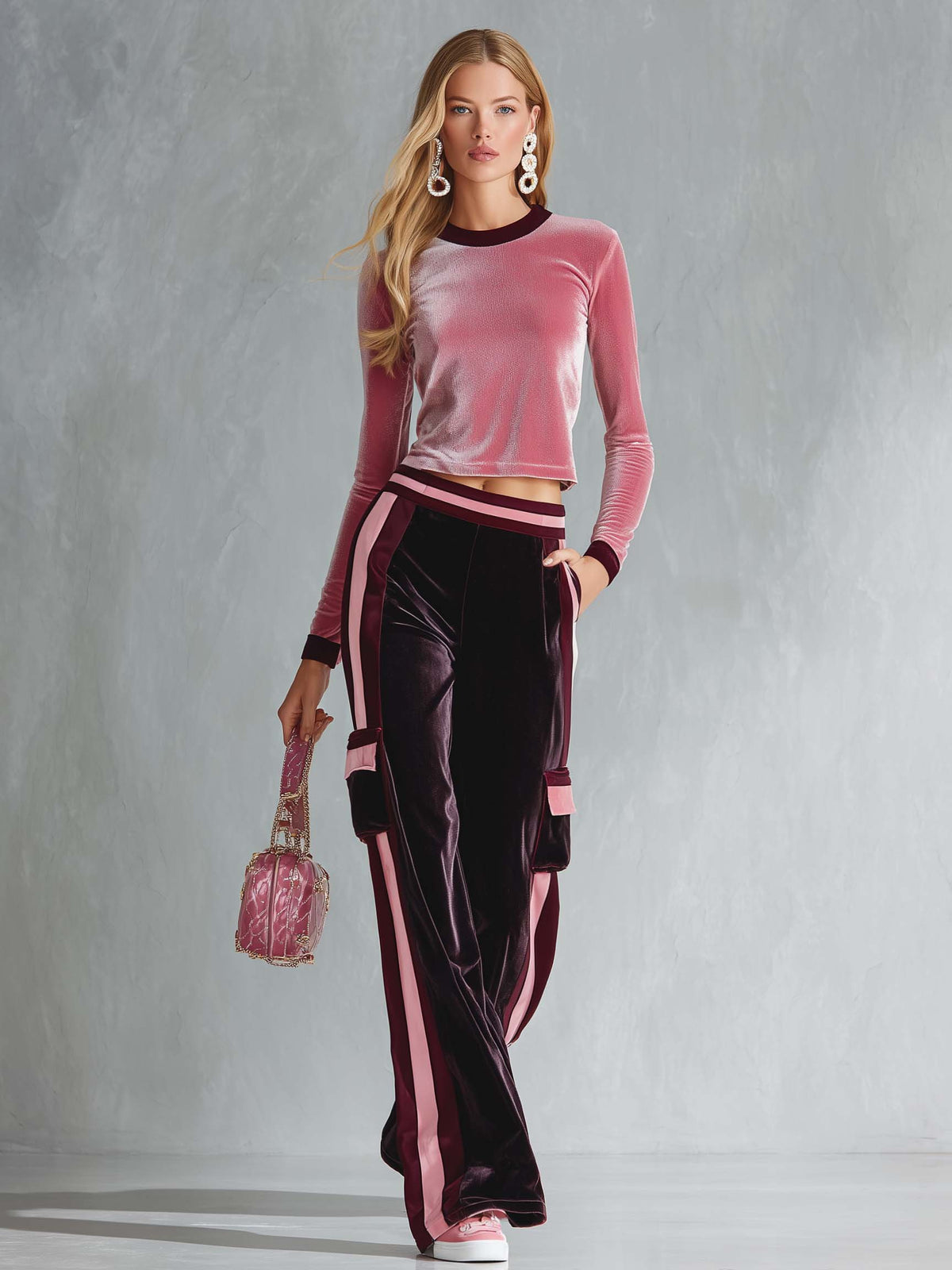 Retro Sporty Pink Velour Crop Top Striped Cargo Track Pants Set