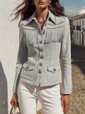 Bohemian Light Grey Faux Suede Beaded Fringe Slim Jacket