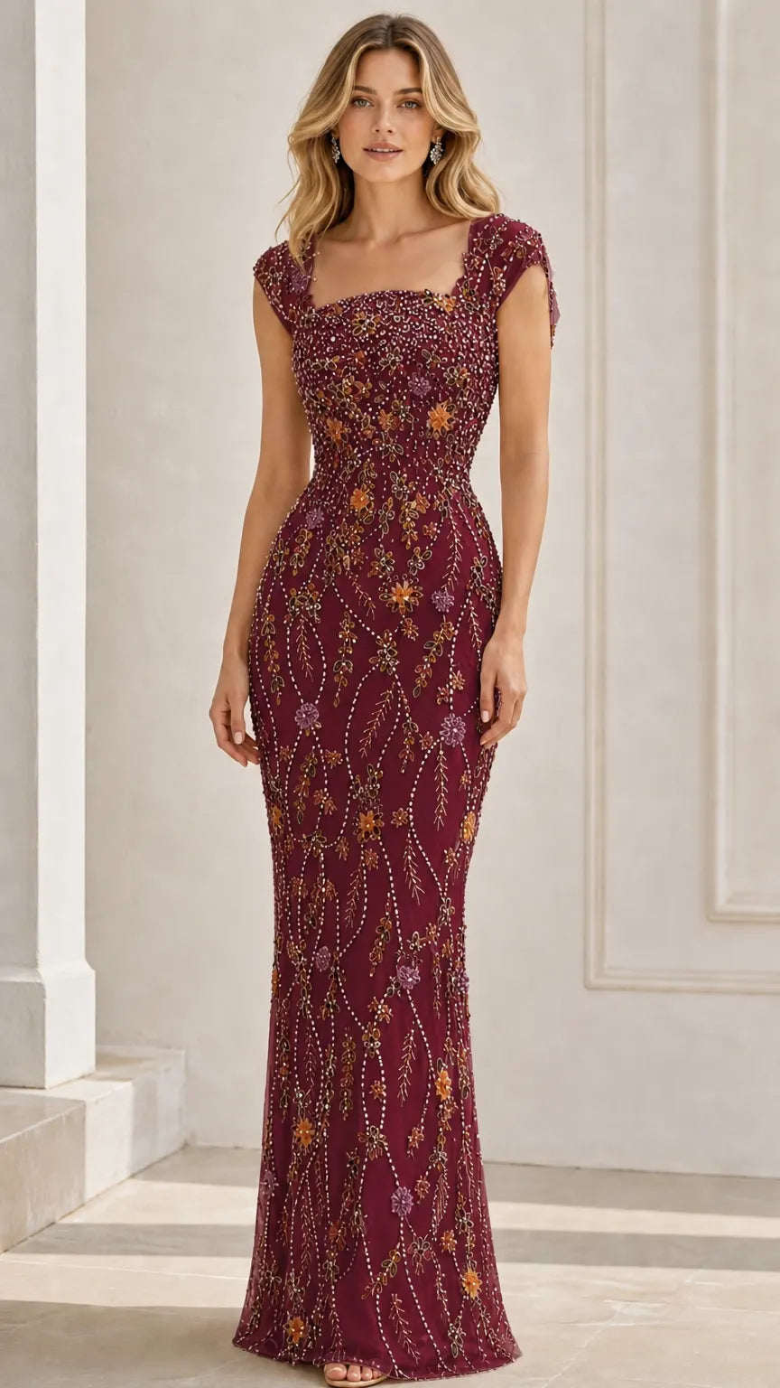 Floral Beaded Cap Sleeve Column Evening Gown with Square Neckline
