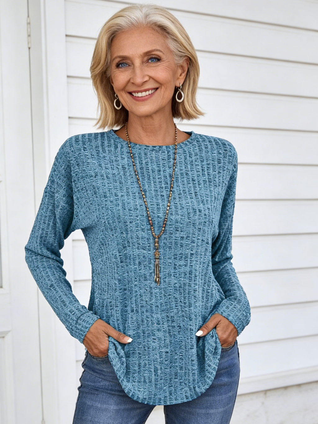 Knitted Crew Neck Pit Strip Top Long Sleeve Loose T-shirt