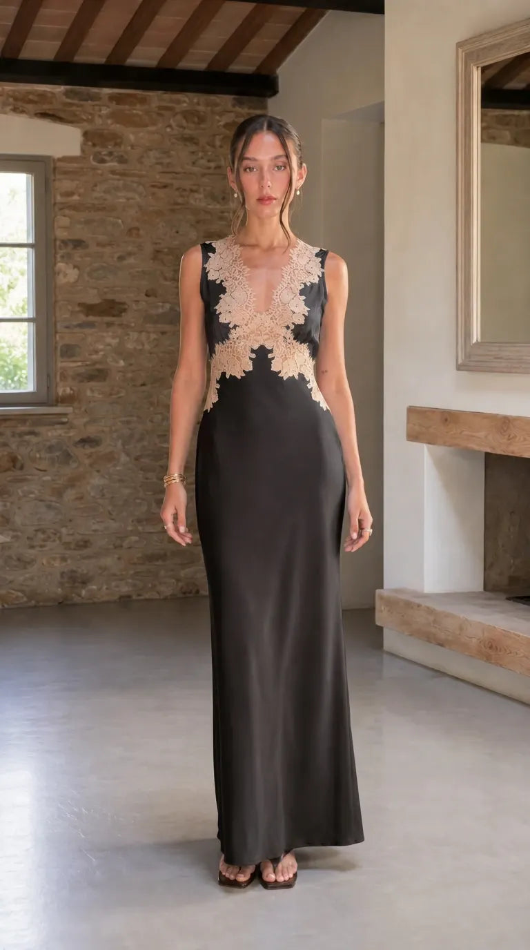 Elegant Contrast Lace Trim Sleeveless Satin Maxi Dress