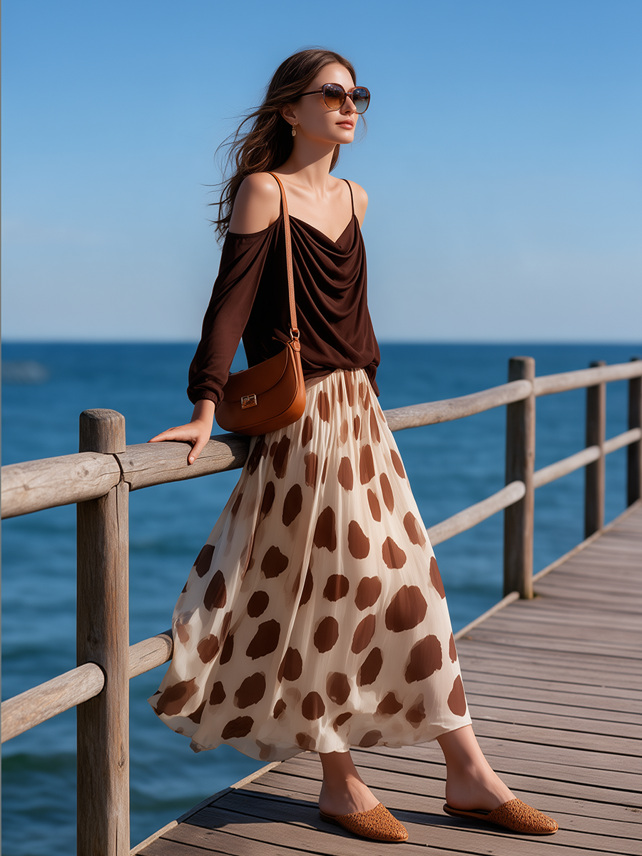 Beach Vacation Cowl-Neck Long-Sleeve Top And Unique Polka-Dot Chiffon Wide-Leg Pants Set