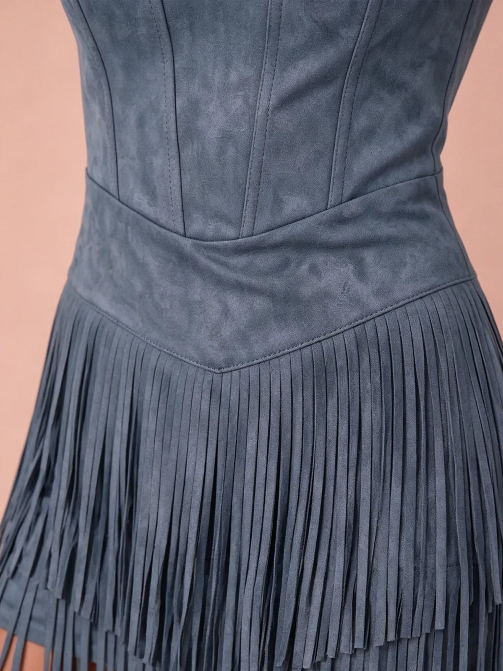 Western Dress — Slate Blue Corset Paneled Layered Fringe Suede Dress Mini Dress