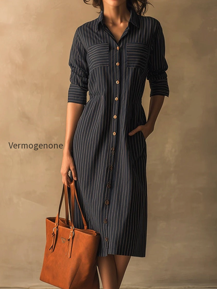 classic-lapel-button-fit-striped-midi-dress