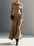 Brown Shawl Collar Asymmetric Gathered Pleated Maxi Dress