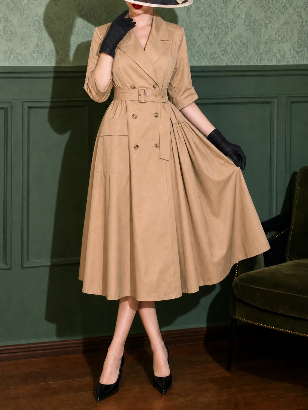 Vintage Trench Asymmetric Swing Midi Dress